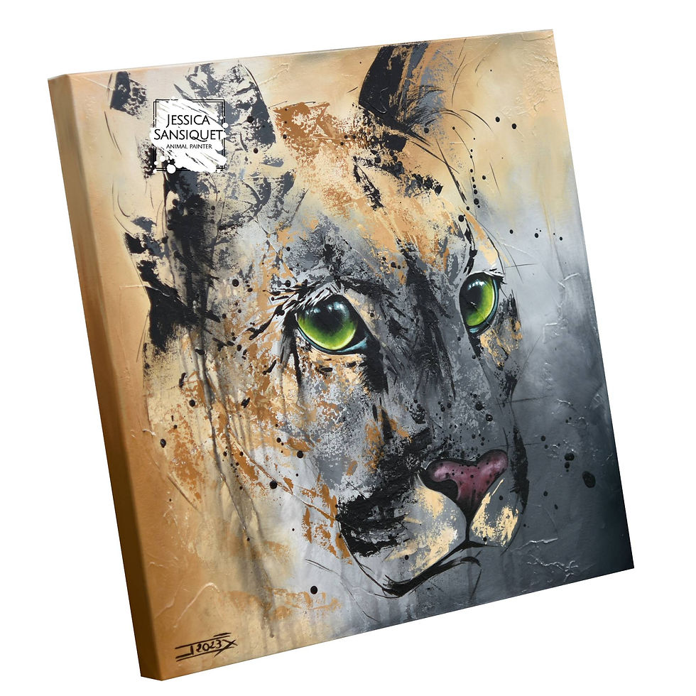 Miniature : Tableau d'un puma aux yeux verts peint par l'artiste Jessica Sansiquet. Art animalier contemporain