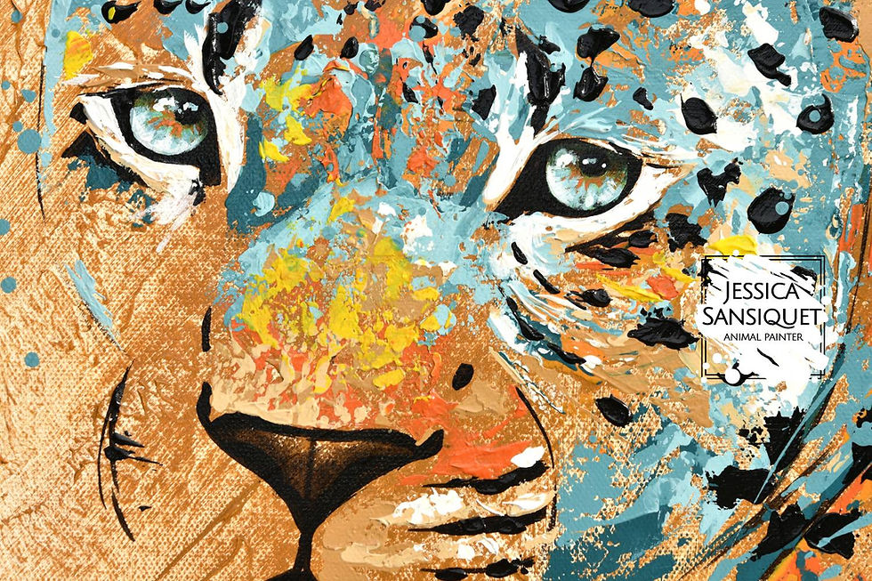 Miniature : Détail du regard d'un léopard peint par Jessica Sansiquet artiste peintre en art animalier contemporain