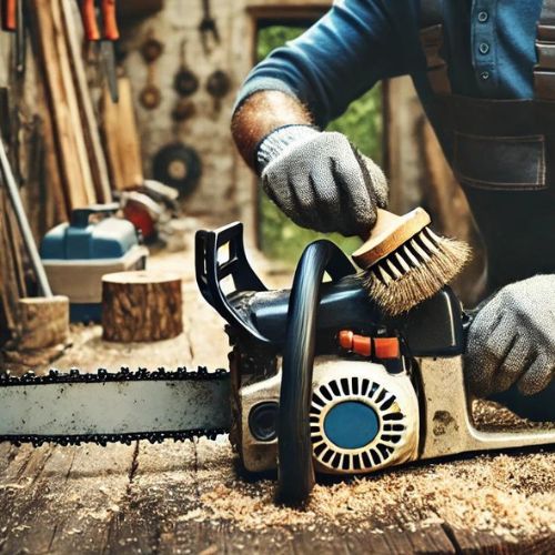 person using a stiff brush to clean the exterior of a chansaw