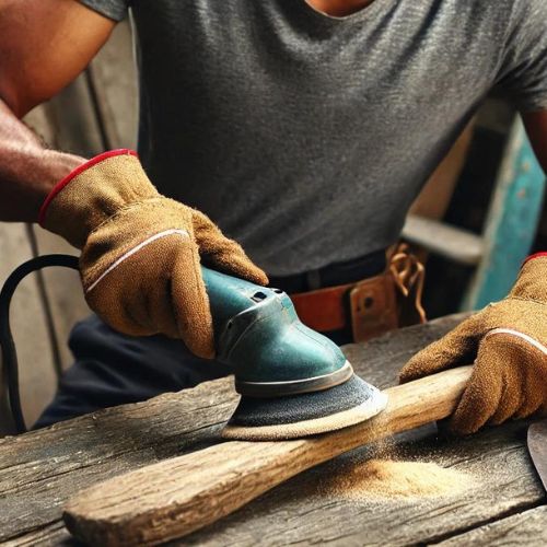 person using a power sander to sand down the handle of an old shovel