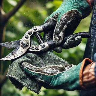 Gloved hands holding a damp cloth to clean dirty pruning shears