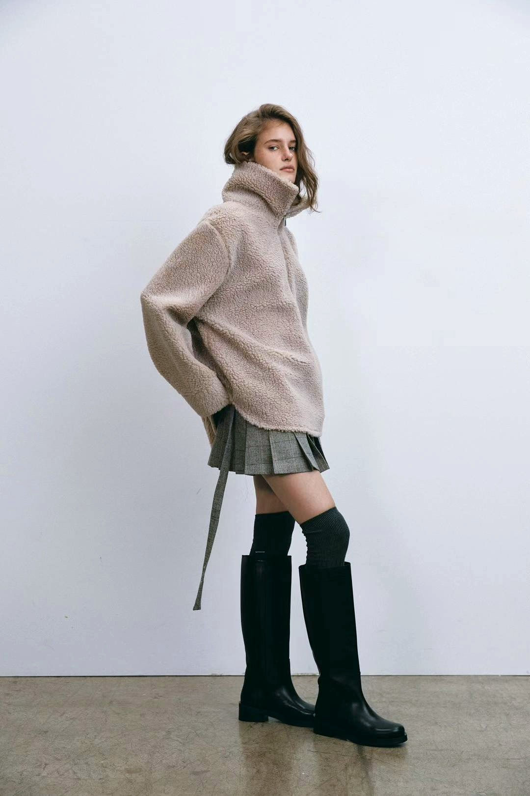 Mocha Wool blend Coat & Grey British School Short Skirt