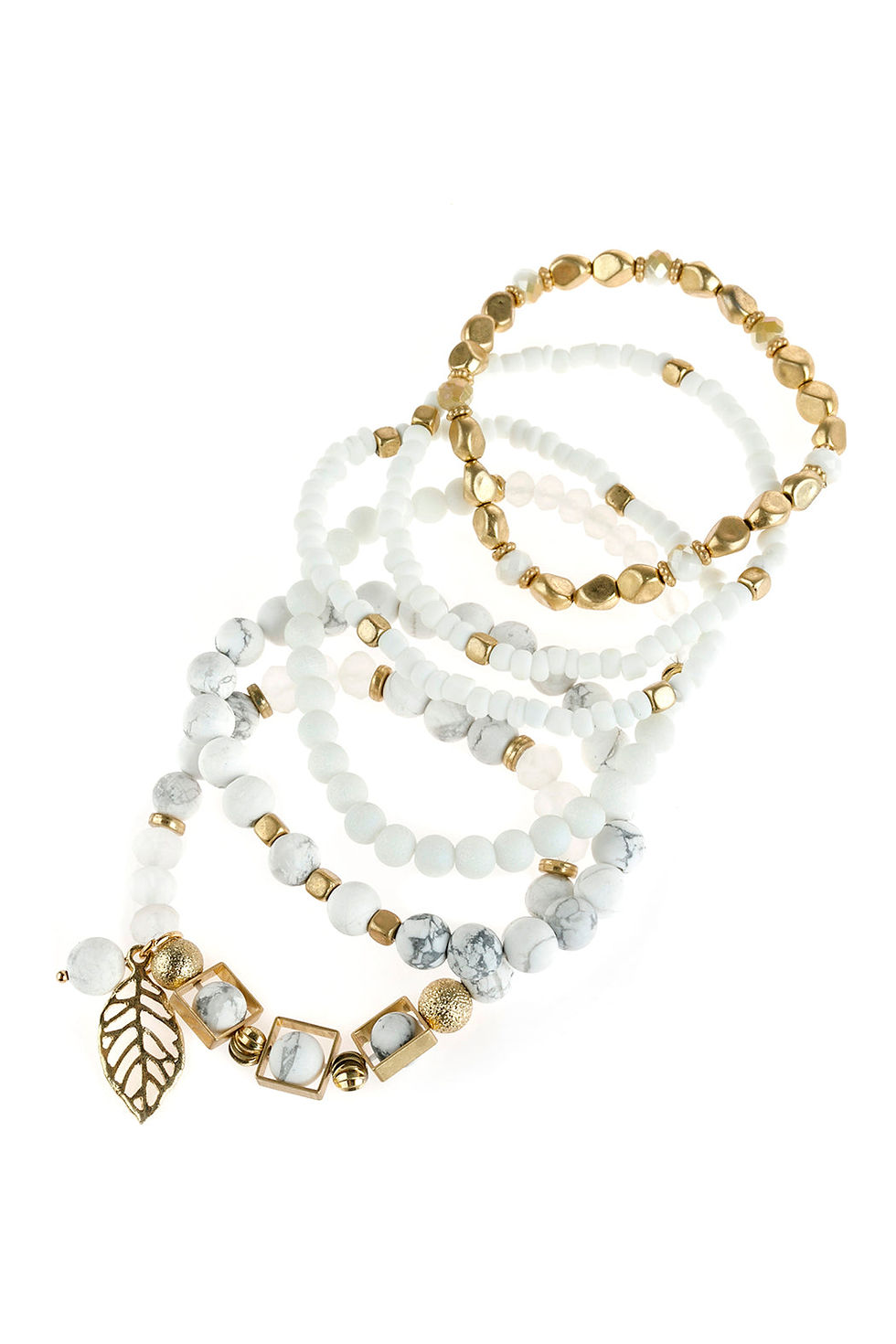 Thumbnail: Natural Stone Mixed Beads Leaf Charm Bracelet