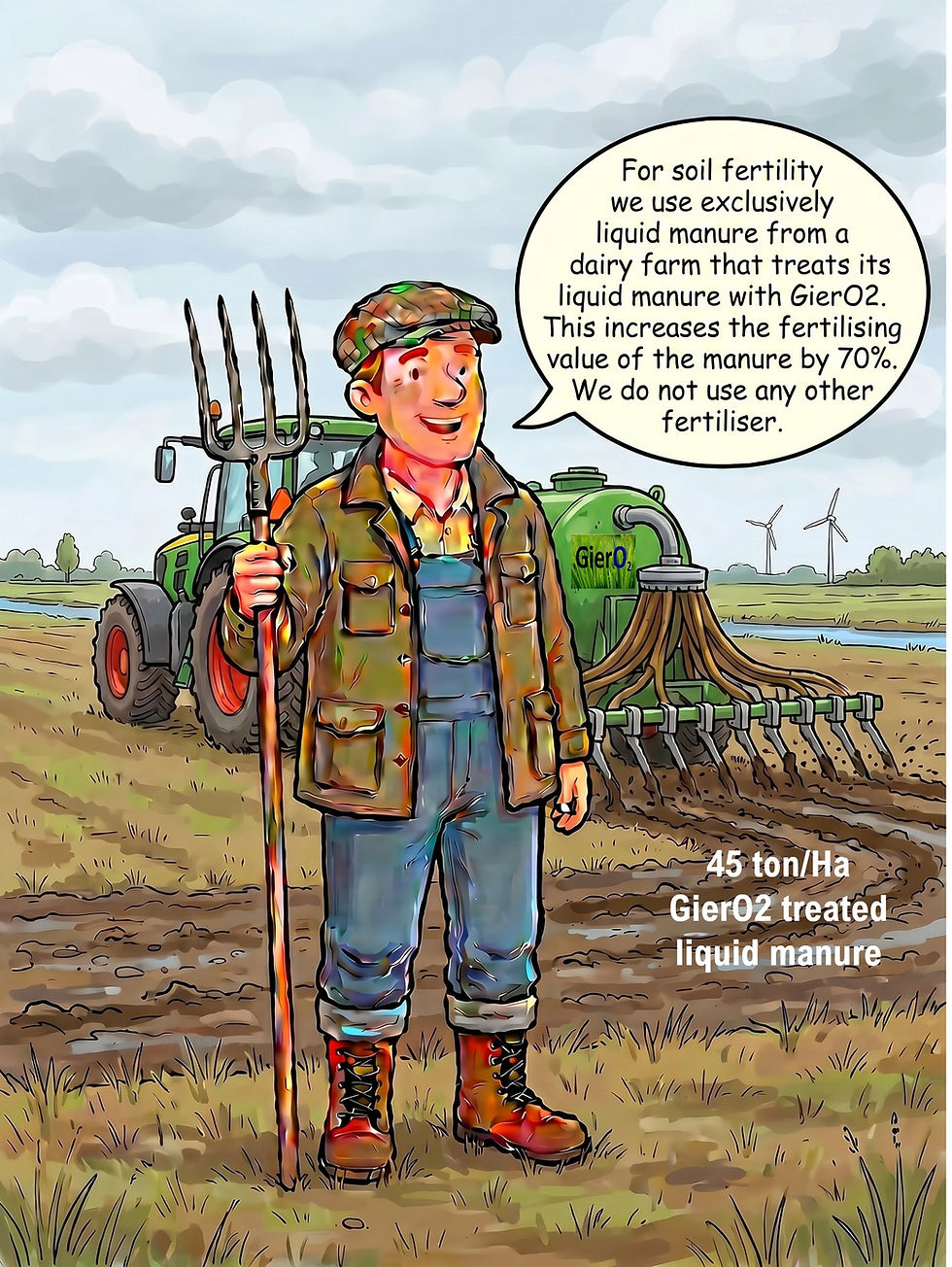 He uses GierO2 treated liquid manure to fertilize his soils in combination with Loxsoil for soil oxygenation. He does not use any chemical fertilizer