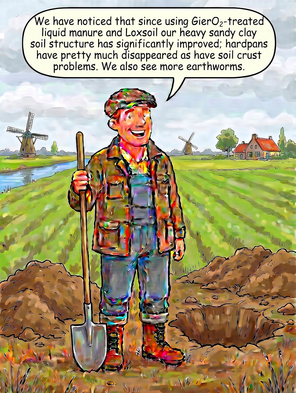 He farms on heavy sandy clay soils and no longer has a problem with hard pans or soil crusts. Also more earthworms in his soil