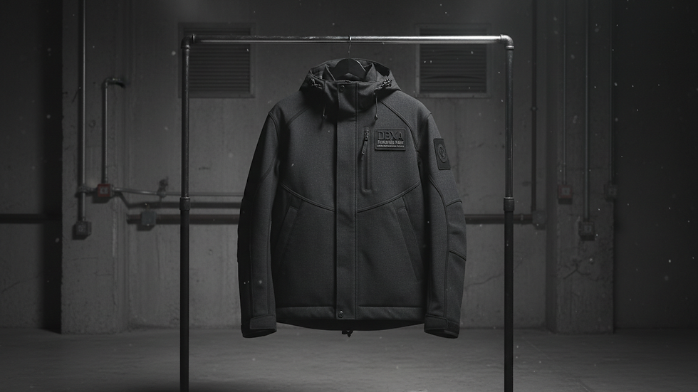 Eye-level view of a durable workout jacket hanging on a rack