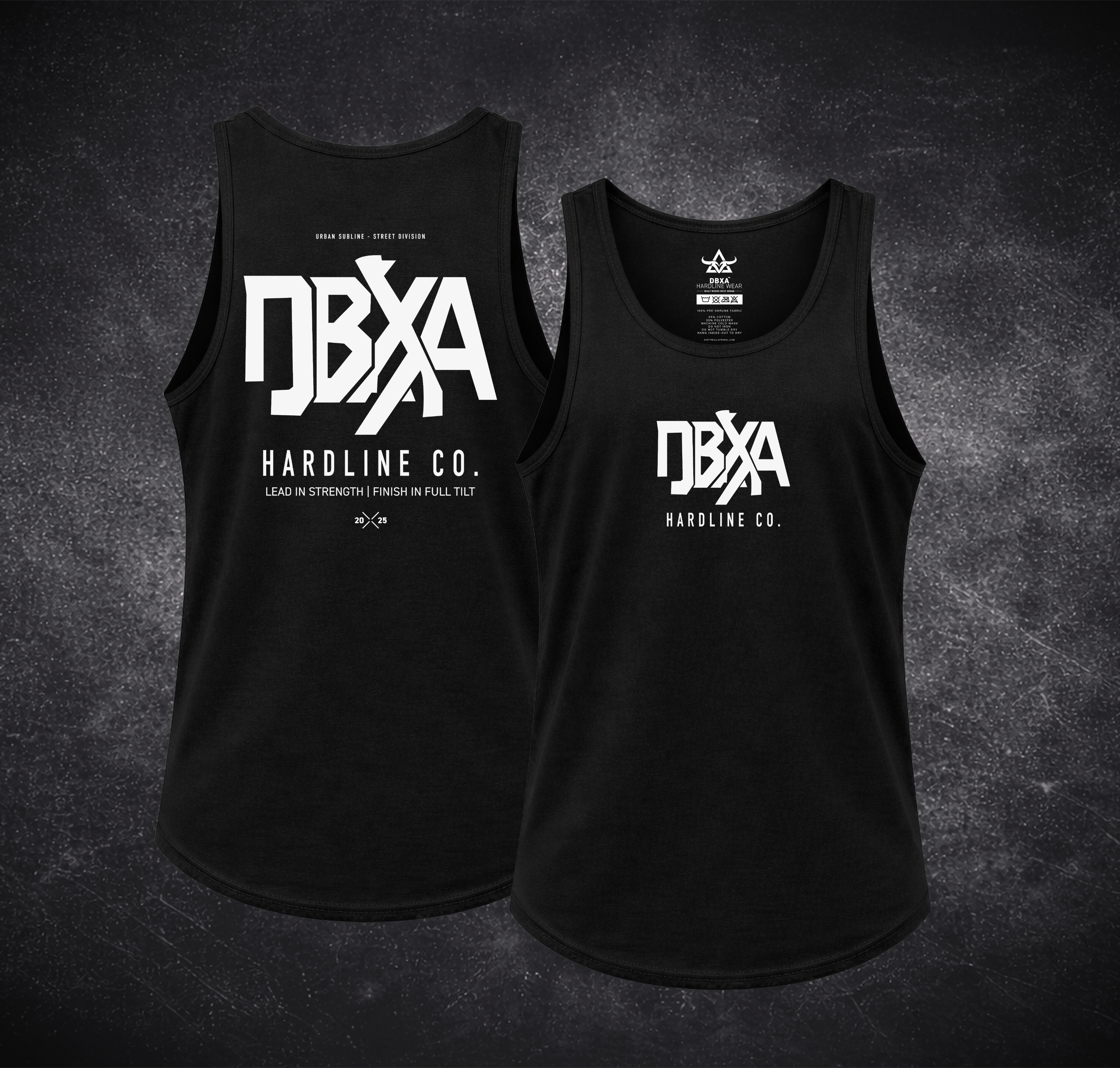 DBXA White Crest on black men’s training tank front view