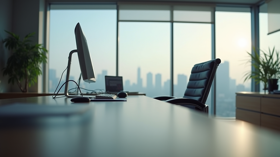 Eye-level view of a modern workspace with a focus on a sleek desk and chair
