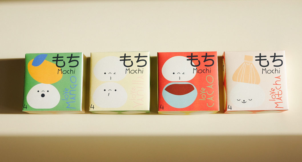 four different mochi (japanese sweet) packaging design. in green, off white, red and dusty apricot. one packaging is showing which kind of mochi inside: mange, vanilla, cacao, and matche. mochi with face. boxes. colorful. festive. emballage. japan 