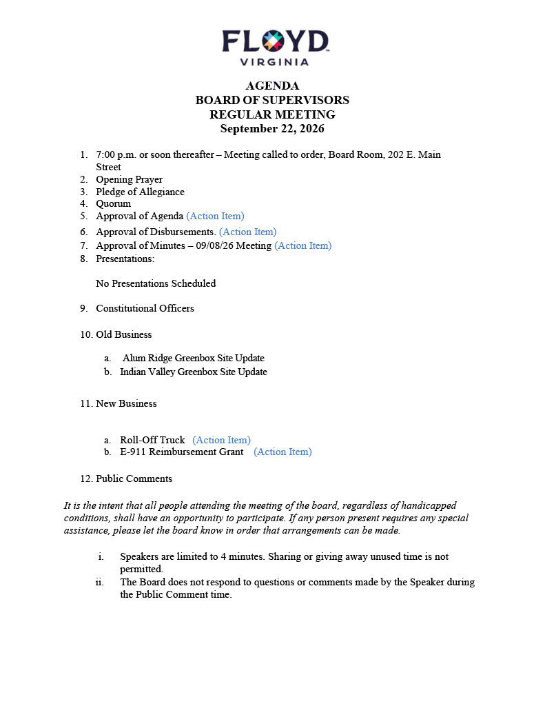 Floyd County Board of Supervisors Regular Meeting 09/22/2026