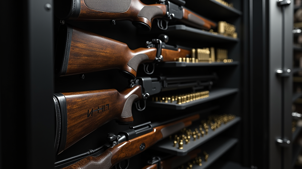 Close-up view of a gun safe interior with organized firearms and ammo storage
