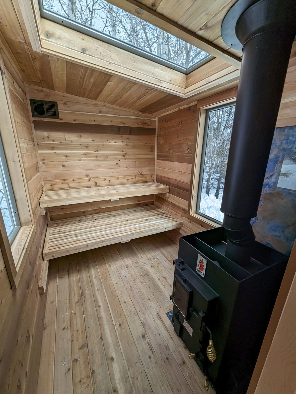 Sauna with skylights, wood burning sauna stove, cedar sauna, custom sauna |Sota Sauna Co.