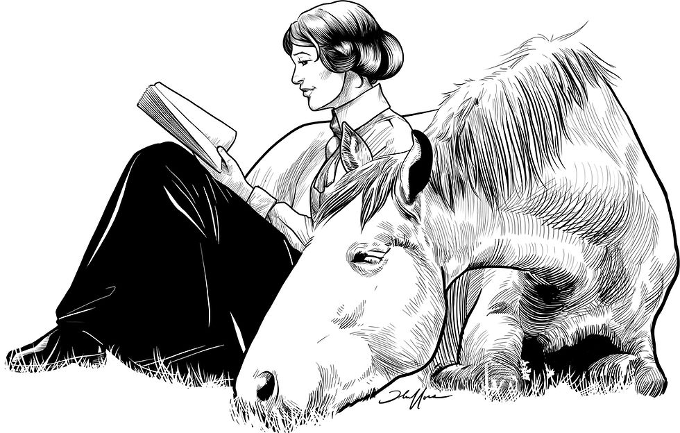 A woman leaning against a horse while reading a book