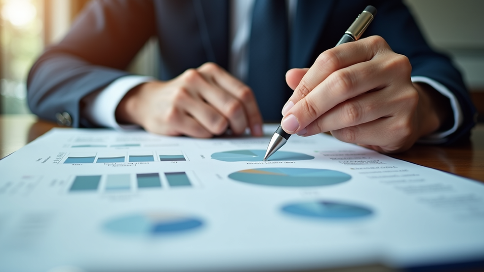 Eye-level view of a financial advisor reviewing real estate investment documents