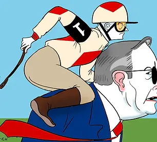 Illustration of a jockey riding Anthony Albanese.