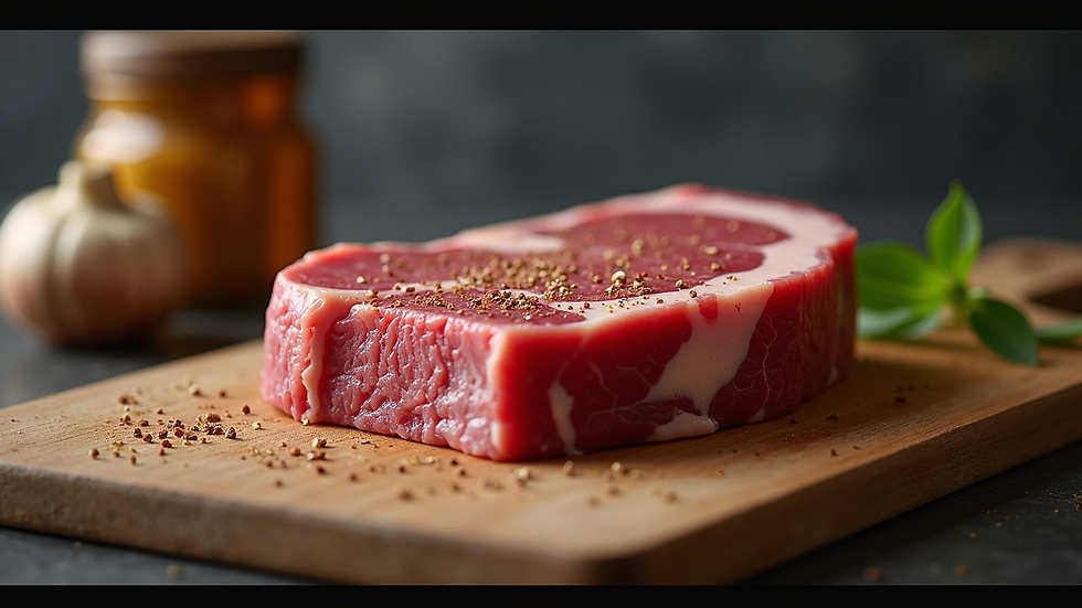 Eye-level view of a raw Hansa steak on a butcher’s block with seasoning