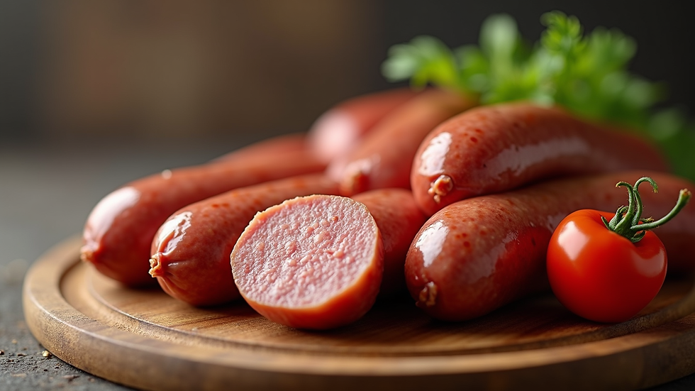 Close-up view of gourmet sausages arranged on a wooden board