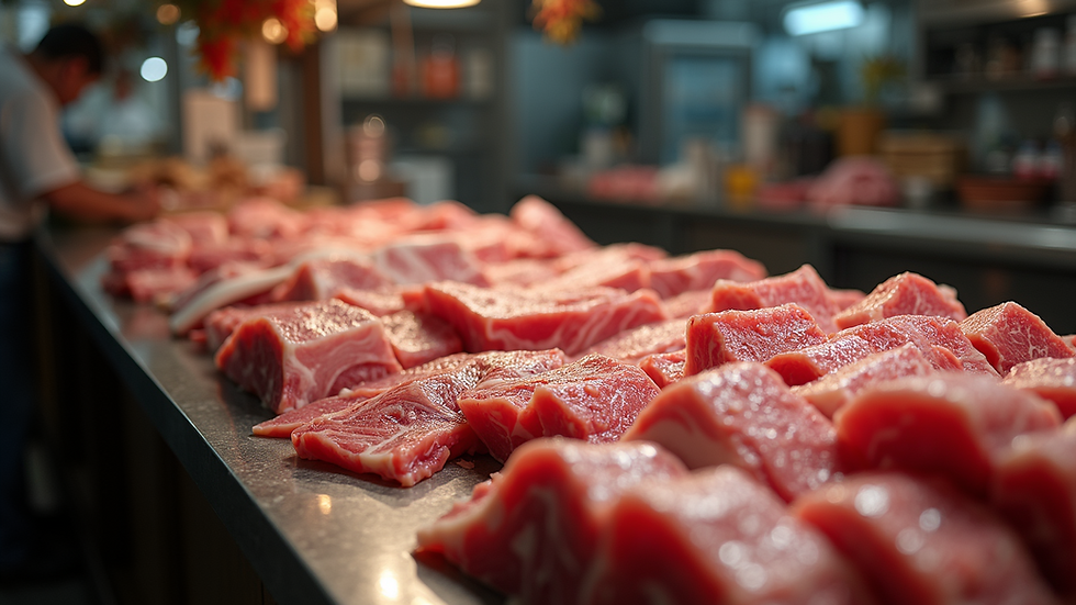 Eye-level view of a traditional butcher shop counter with fresh meat cuts