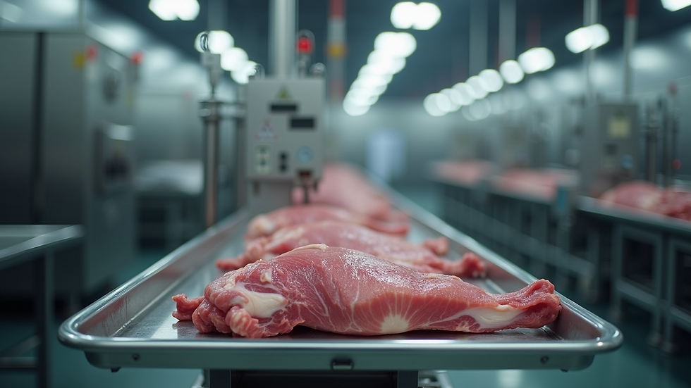 High angle view of a meat processing plant with automated machinery