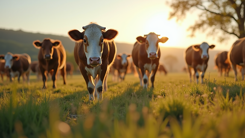 Eye-level view of a sustainable farm with free-range cattle grazing