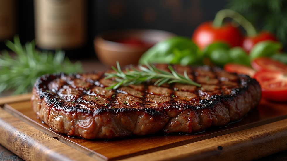High angle view of a perfectly cooked ribeye steak on a wooden board