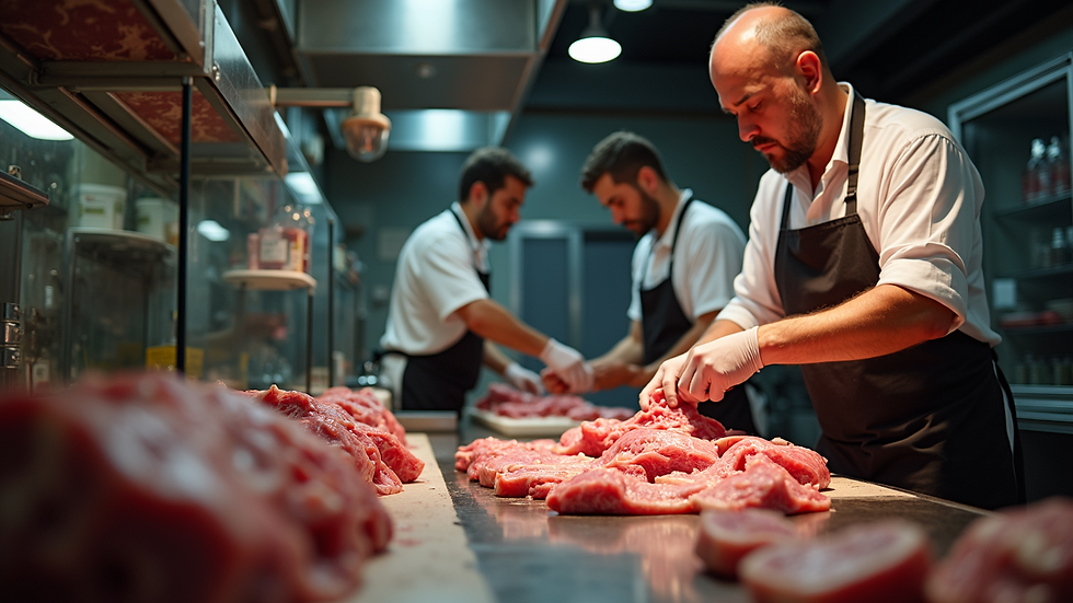 High angle view of a butcher preparing meat behind the counter