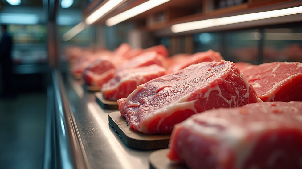 Eye-level view of a refrigerated display case with various meat cuts