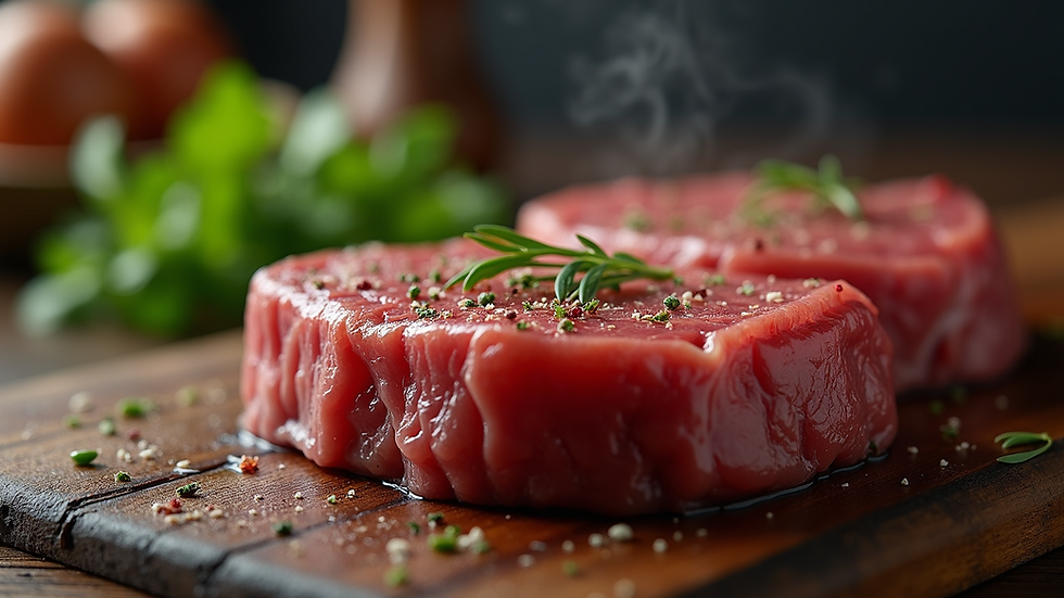 Close-up view of perfectly seasoned steak waiting to be cooked