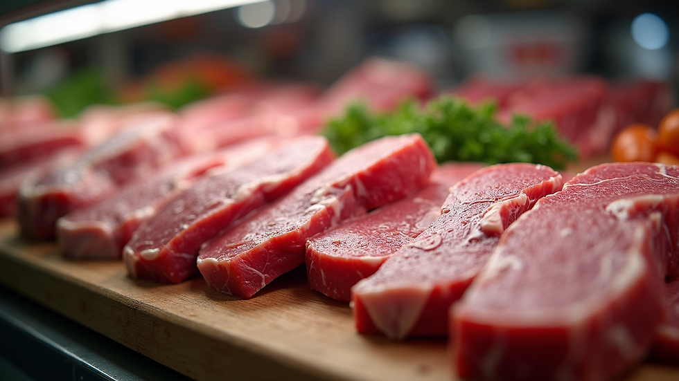 Close-up view of fresh meat cuts displayed in a butcher shop