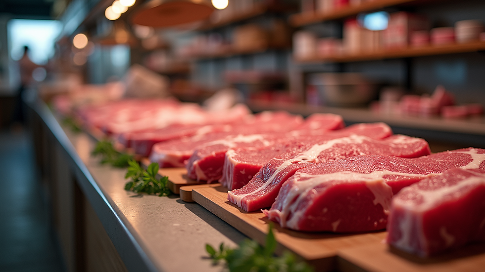 Close-up view of premium beef cuts on display in a butcher shop