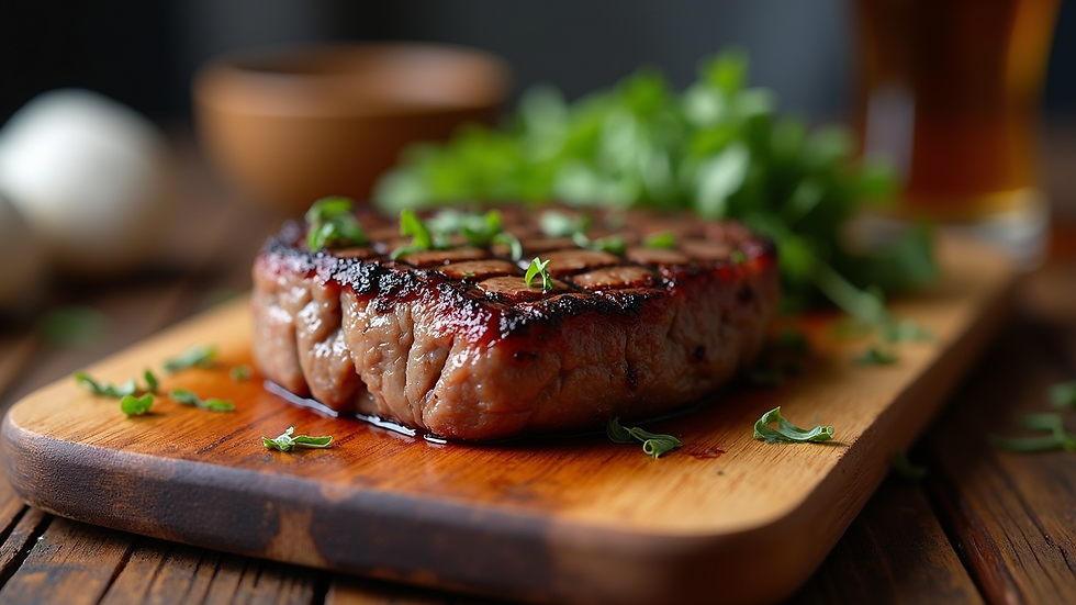 Close-up view of a perfectly grilled ribeye steak resting on a wooden board