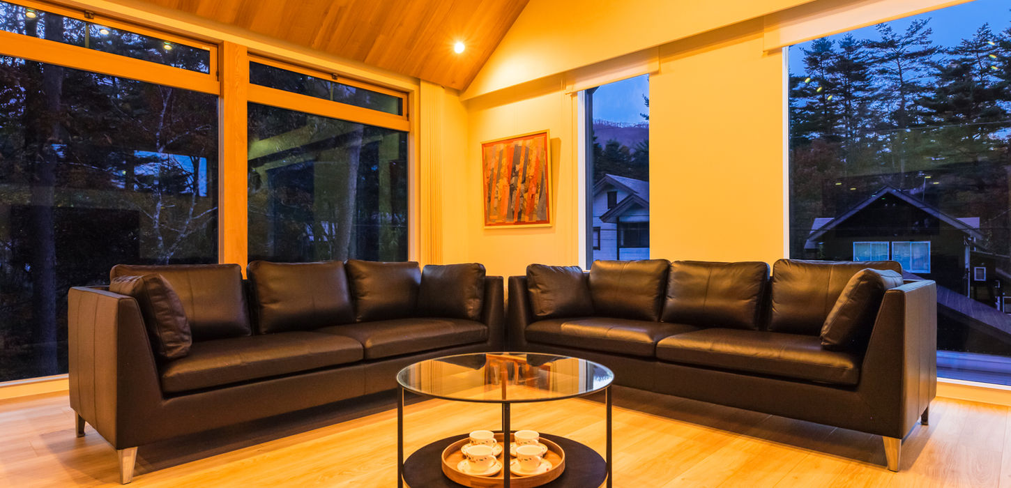 Luxury spacious living room with black leather sofa and forest view