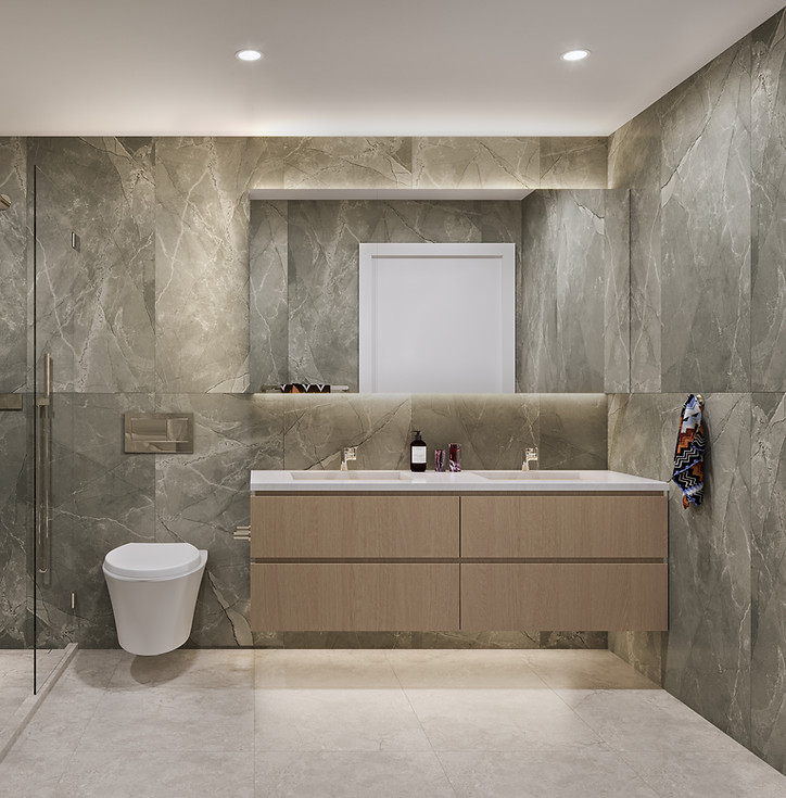 Ensuite bathroom with floor-to-ceiling tile and Kohler Anthem rain shower in an ENZO Vancouver townhome