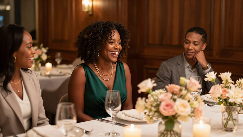 A birthday party photographer captures guests dining at a table.