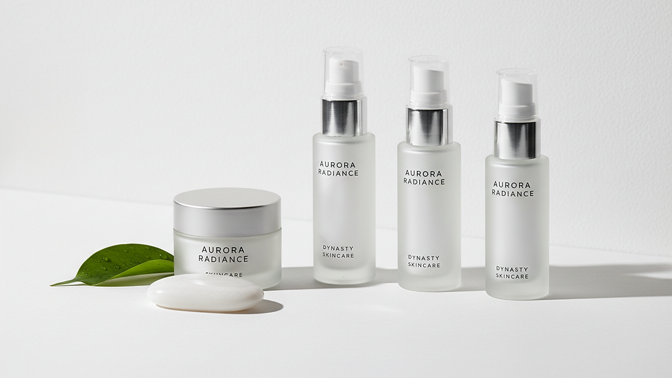 Close-up view of skincare products arranged on a minimalist white surface