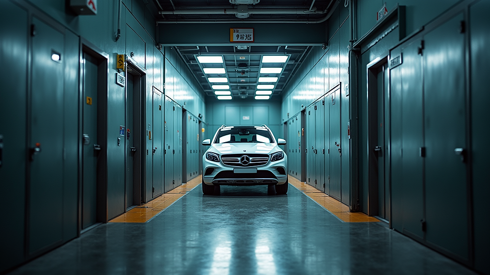 High angle view van een auto in een spuitcabine voor lakwerk