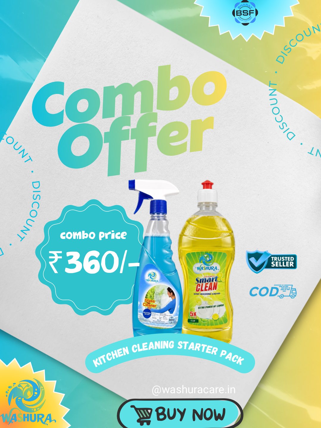 Washura Kitchen Cleaning Combo — Dish Wash Liquid 1L + Glass Cleaner 500ml