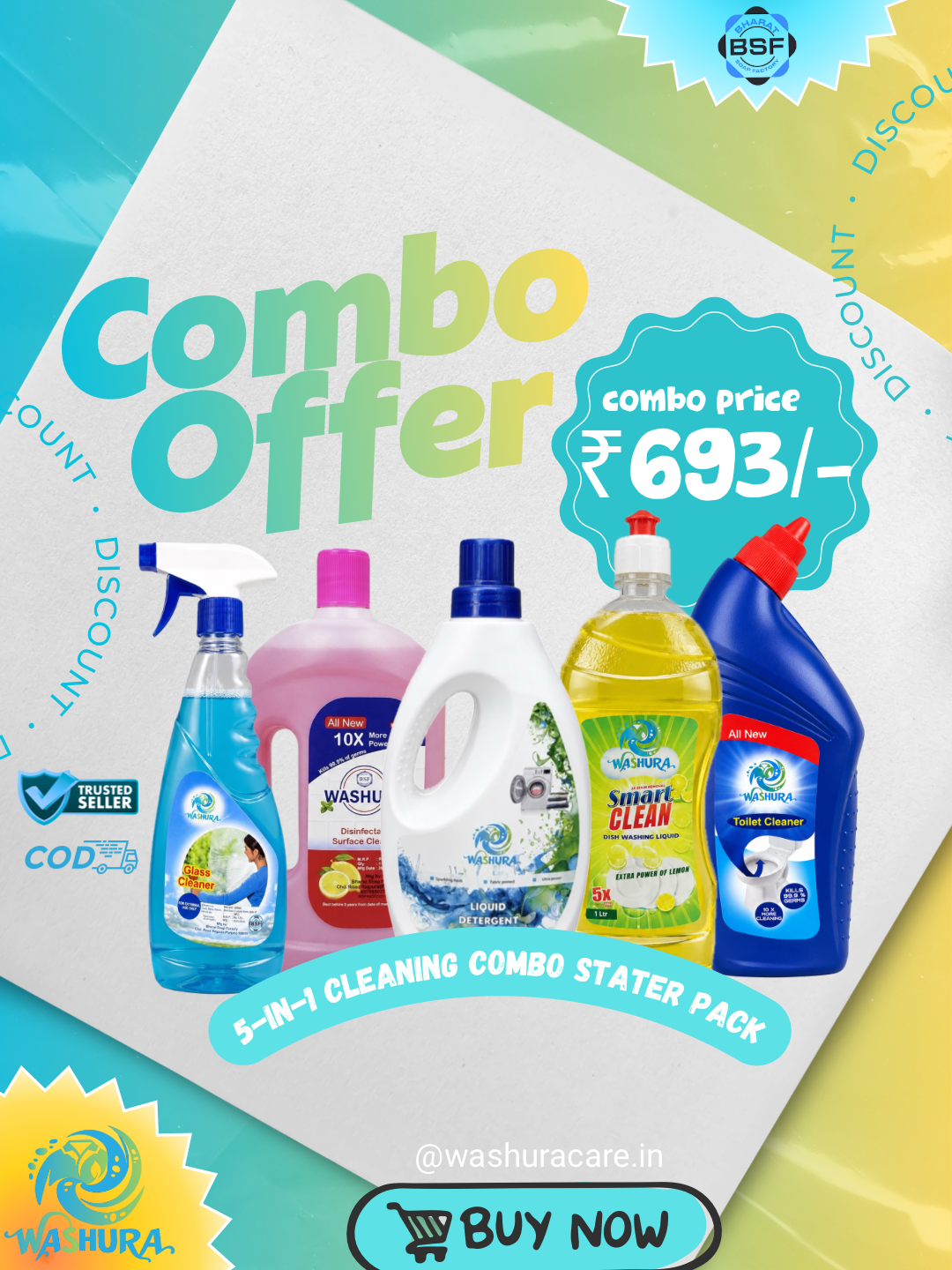 Washura Complete Home Cleaning Combo — Floor, Glass, Toilet, Dish Wash & Liquid