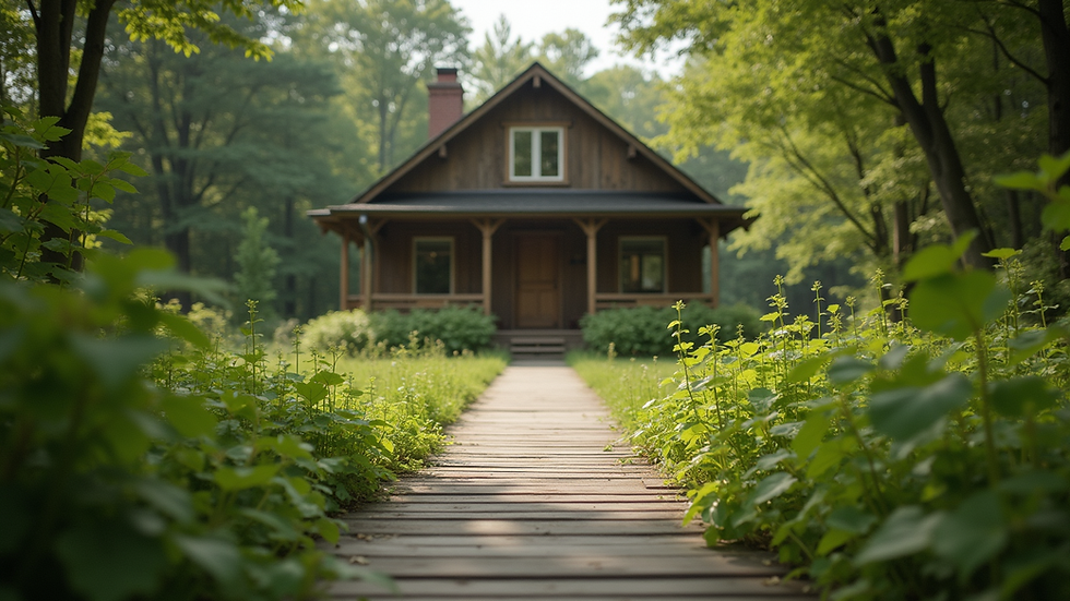 Eye-level view of a wooden structure surrounded by greenery
