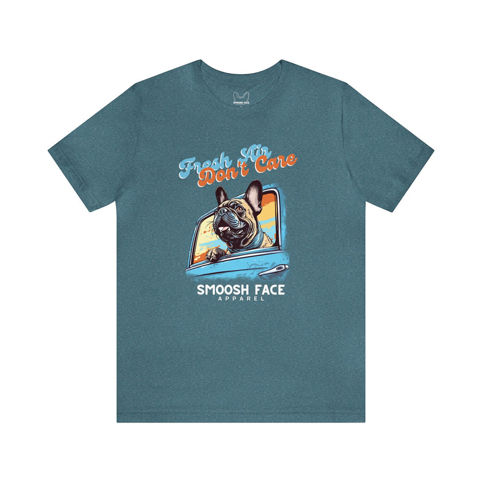 Thumbnail: Fresh Air, Don't Care Frenchie Tee. French Bulldog hanging out car window.