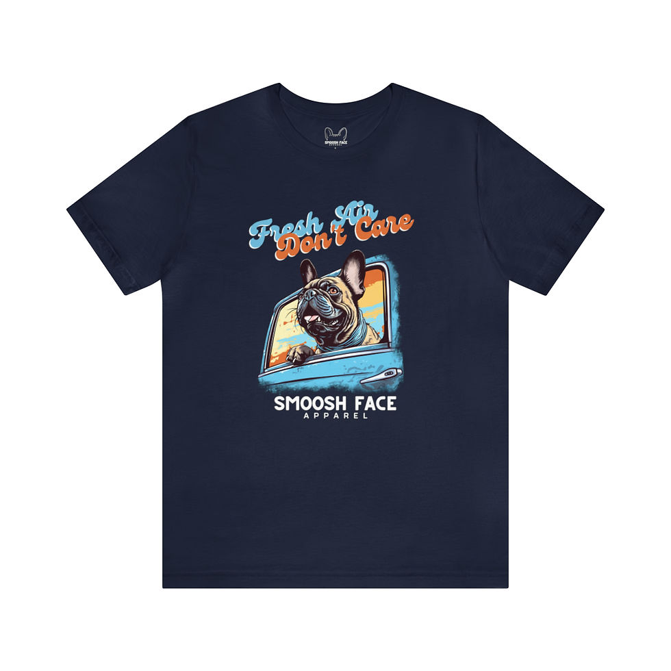 Thumbnail: Fresh Air, Don't Care Frenchie Tee. French Bulldog hanging out car window.