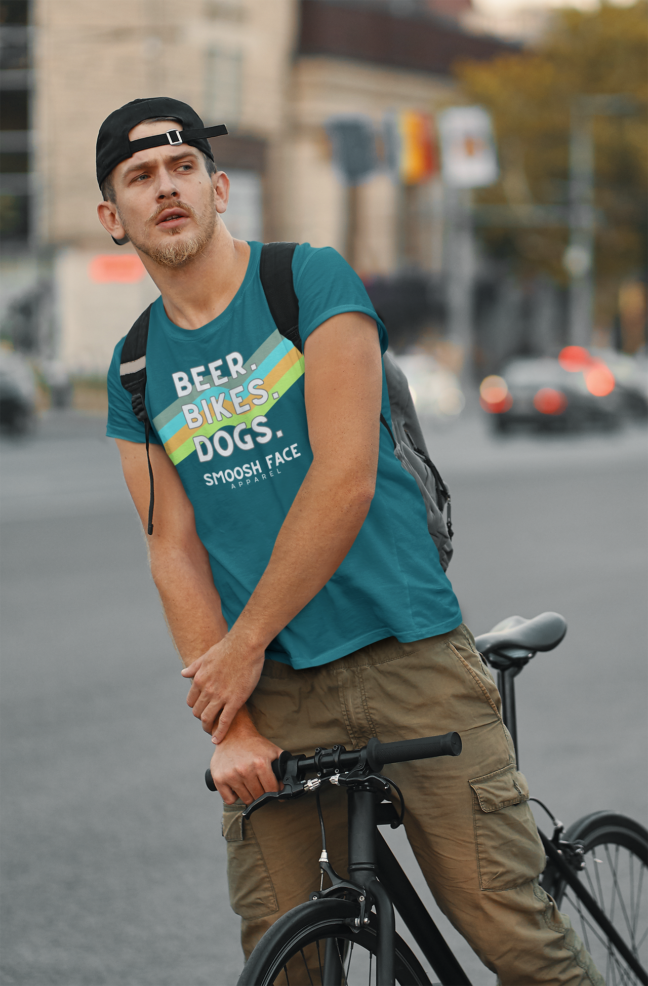 Man on Bike wearing Smoosh Face Apparel's Beer. Bikes. Dogs. T-Shirt