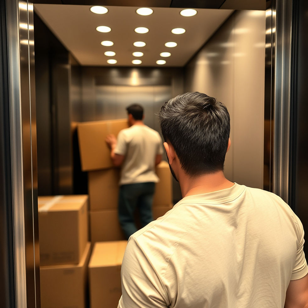 Eye-level view of movers using an elevator to transport boxes