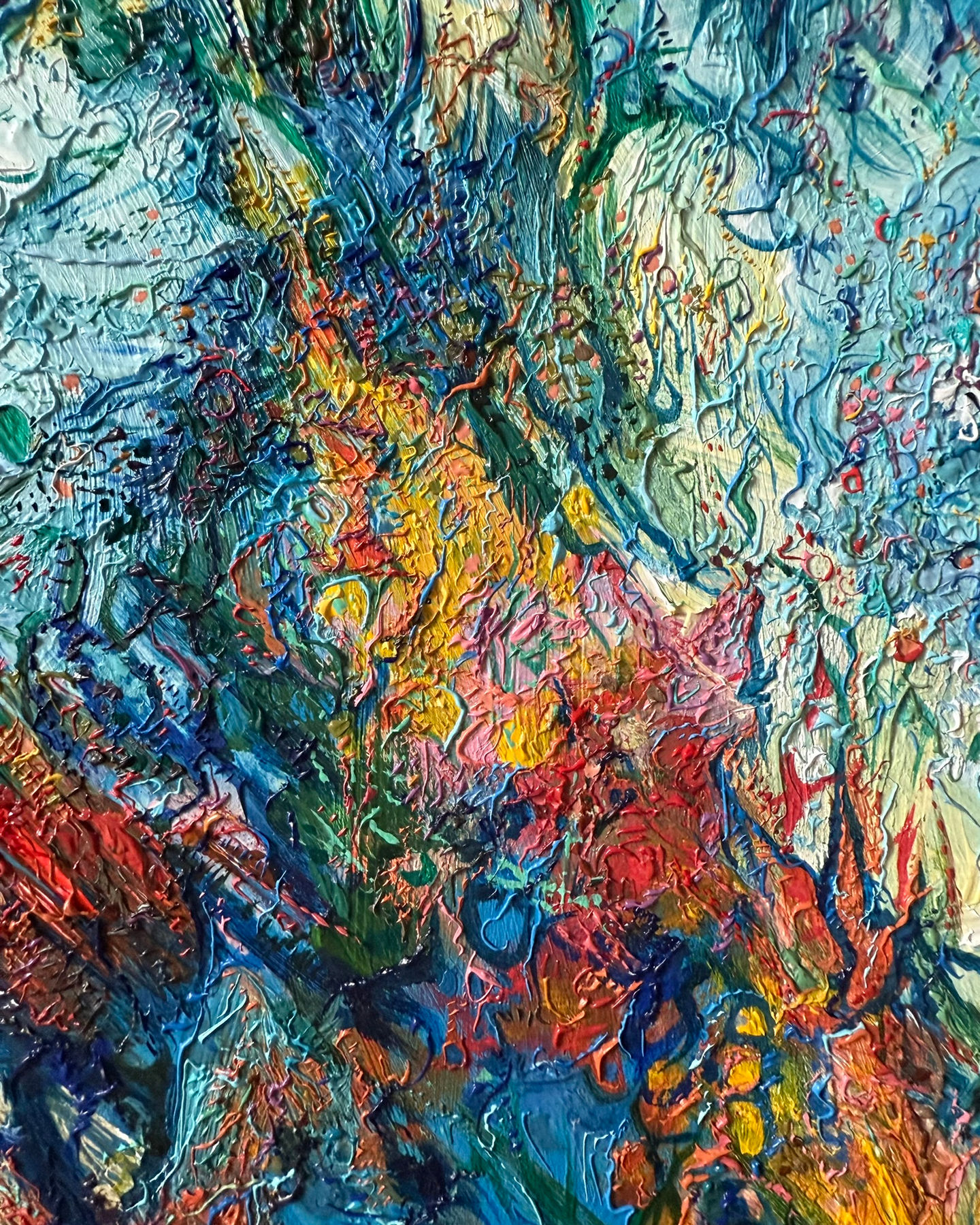 Allie Sutherland Amphitrite oil painting detail abstract oceanic textures layered impasto brushwork fluid movement evocative of waves tides and the Greek sea goddess Amphitrite contemporary fine art oil on canvas detail