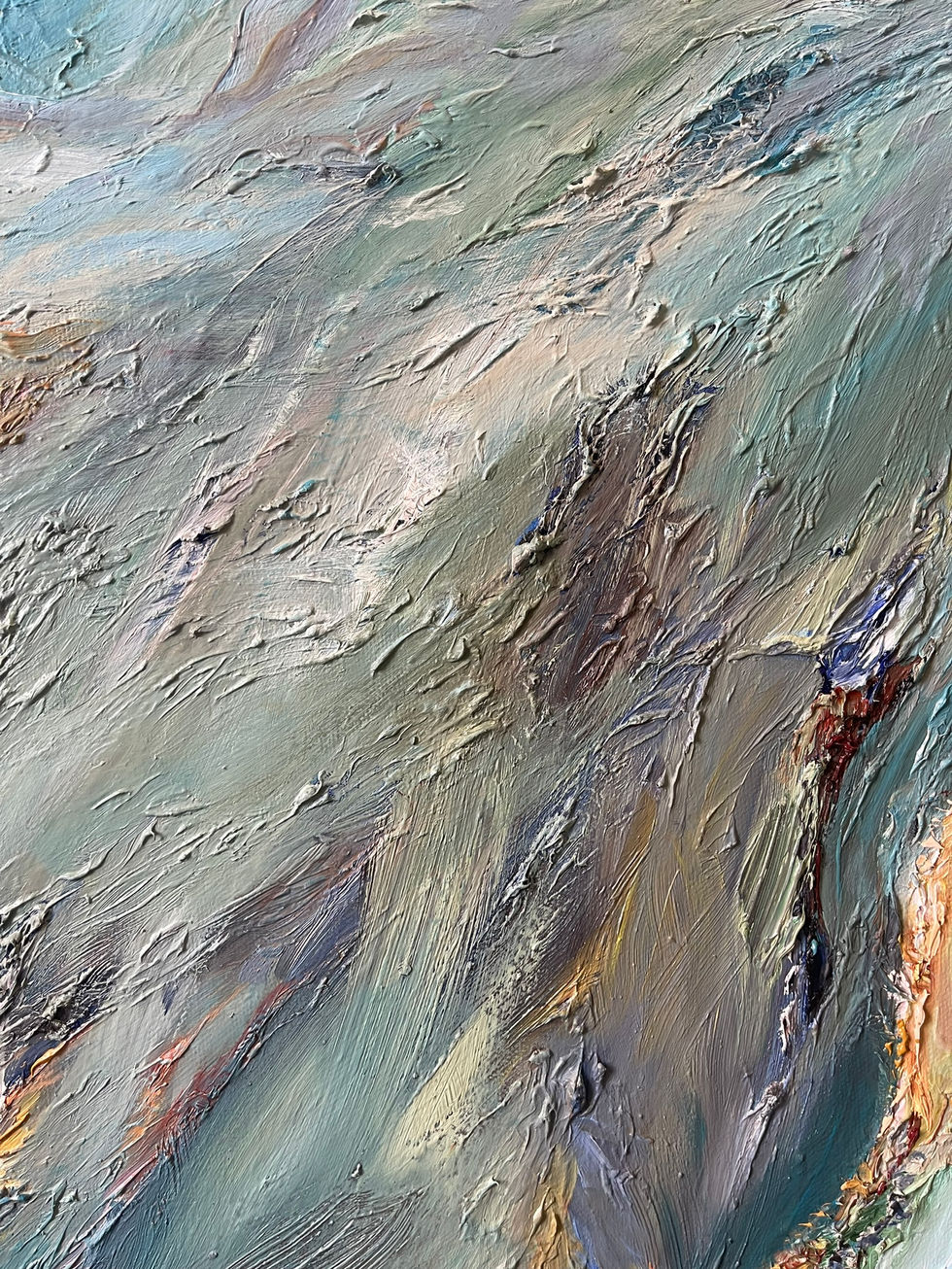 Vivid detail of Odyssey, an oil painting by Allie Sutherland, emphasizing deep blues, flowing movement, and intricate color 