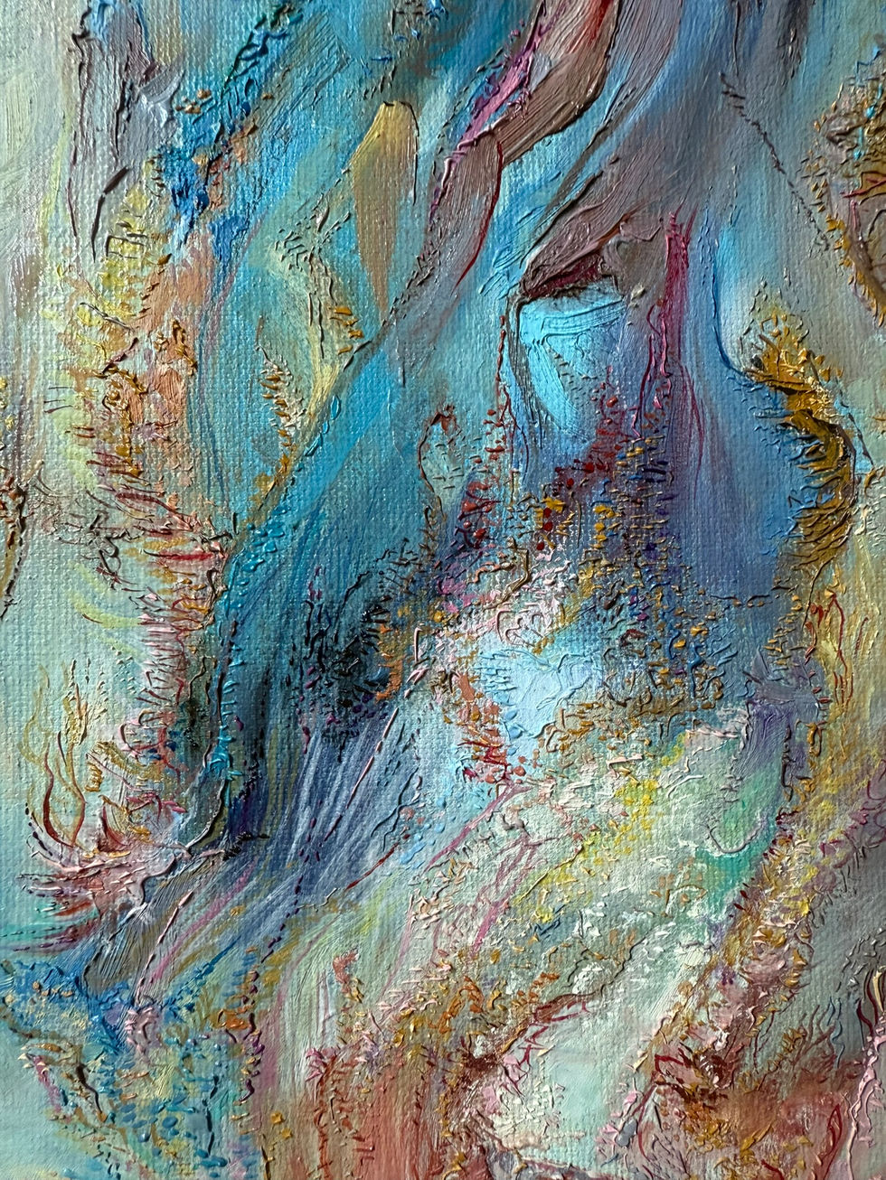 Detail of Sisyphus by Allie Sutherland, oil on canvas. Rich impasto textures and dynamic brushstrokes depict swirling energy in blues, golds, and reds. Close-up reveals architectural columns dissolving into abstraction and a dark orb symbolizing the mythic weight of Sisyphus’s eternal task.

