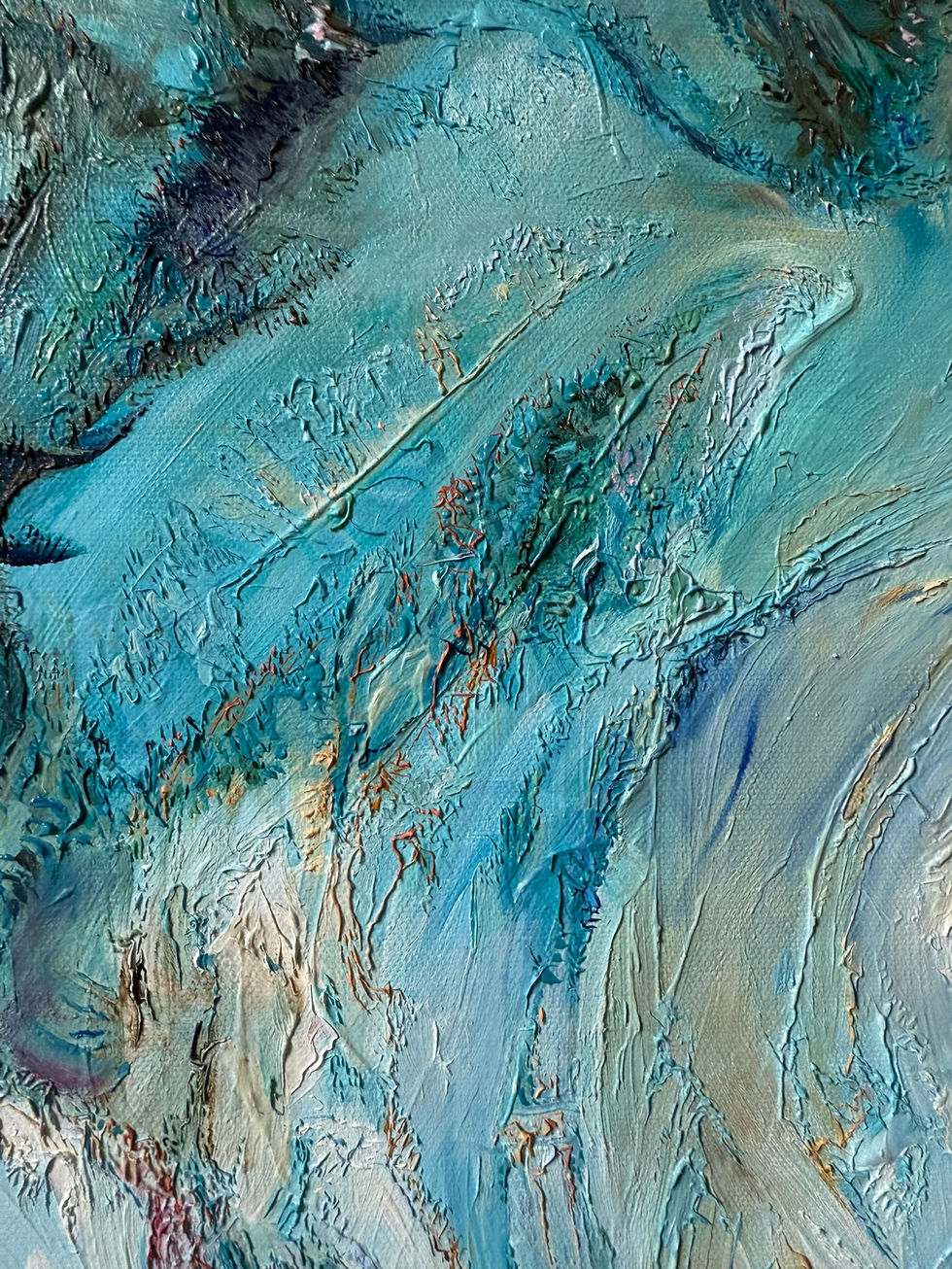 Detail of Cyane by Allie Sutherland, oil on canvas. Thickly layered impasto in blue and white tones captures the turbulence of water and emotional depth, with expressive brushstrokes that reference myth, femininity, and natural forces.