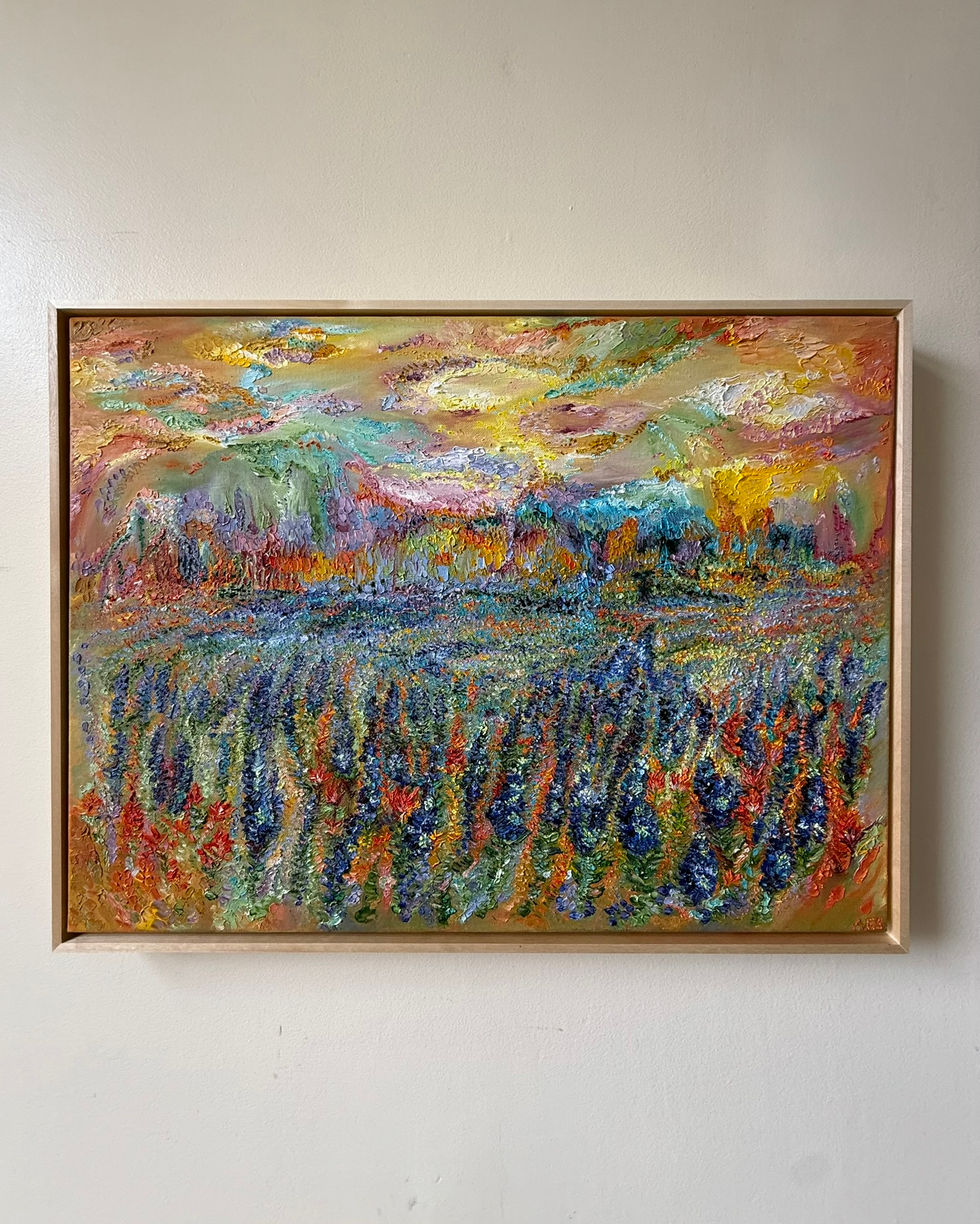 Bluebonnets I by Allie Sutherland displayed on a wall, showcasing this Texas fine art painting’s rich texture, dynamic color 