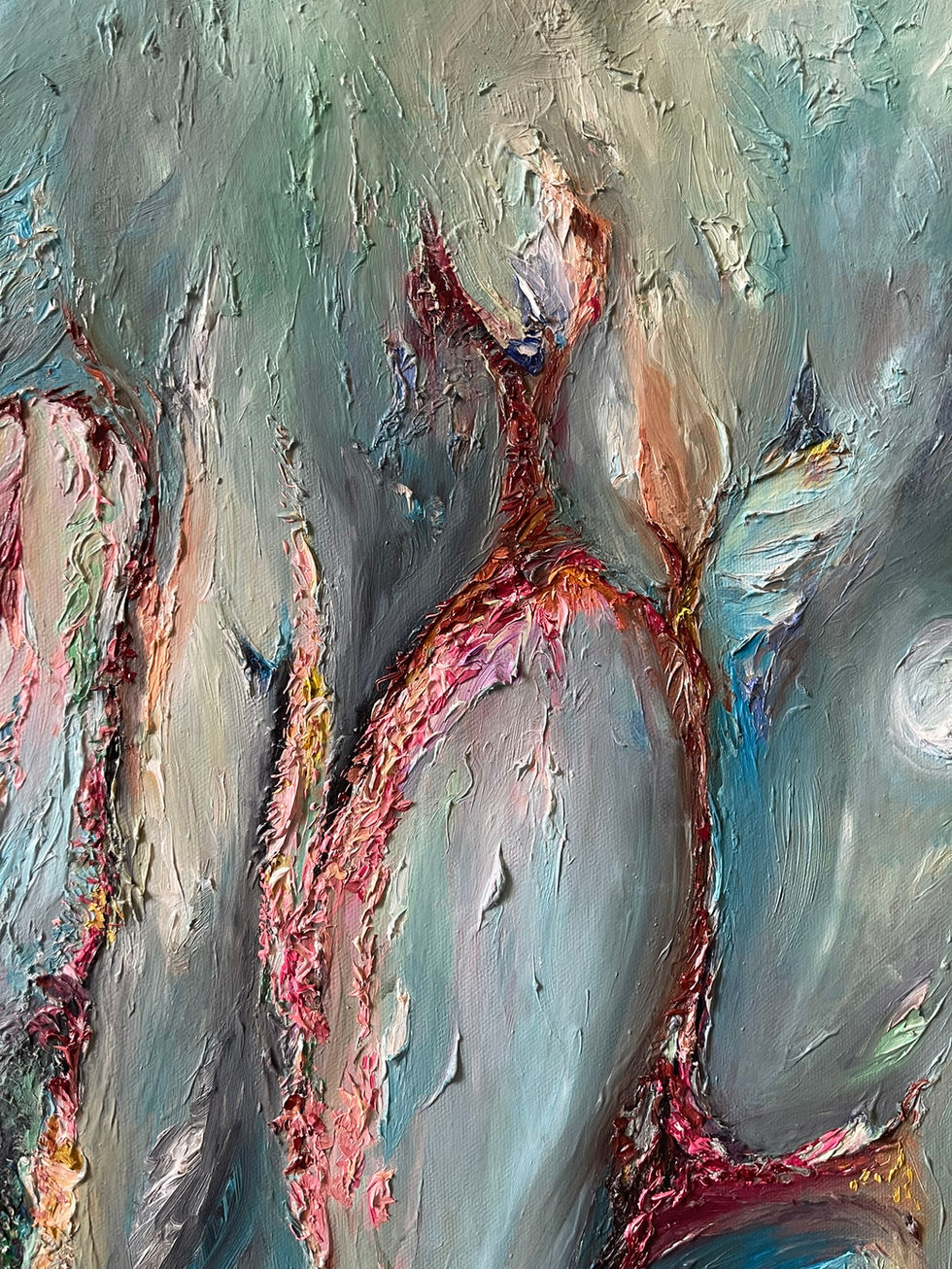 Detail of Odyssey by Allie Sutherland, showcasing dynamic texture and impasto oil layers in blue, gold, and crimson hues.