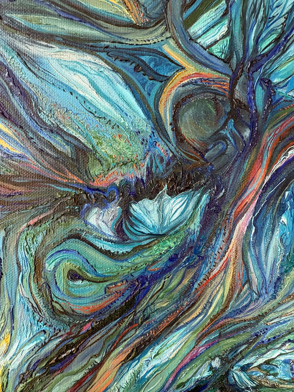 Detail of Eurydice by Allie Sutherland showing swirling blue-green textures forming wave-like patterns with streaks of orange and red.
